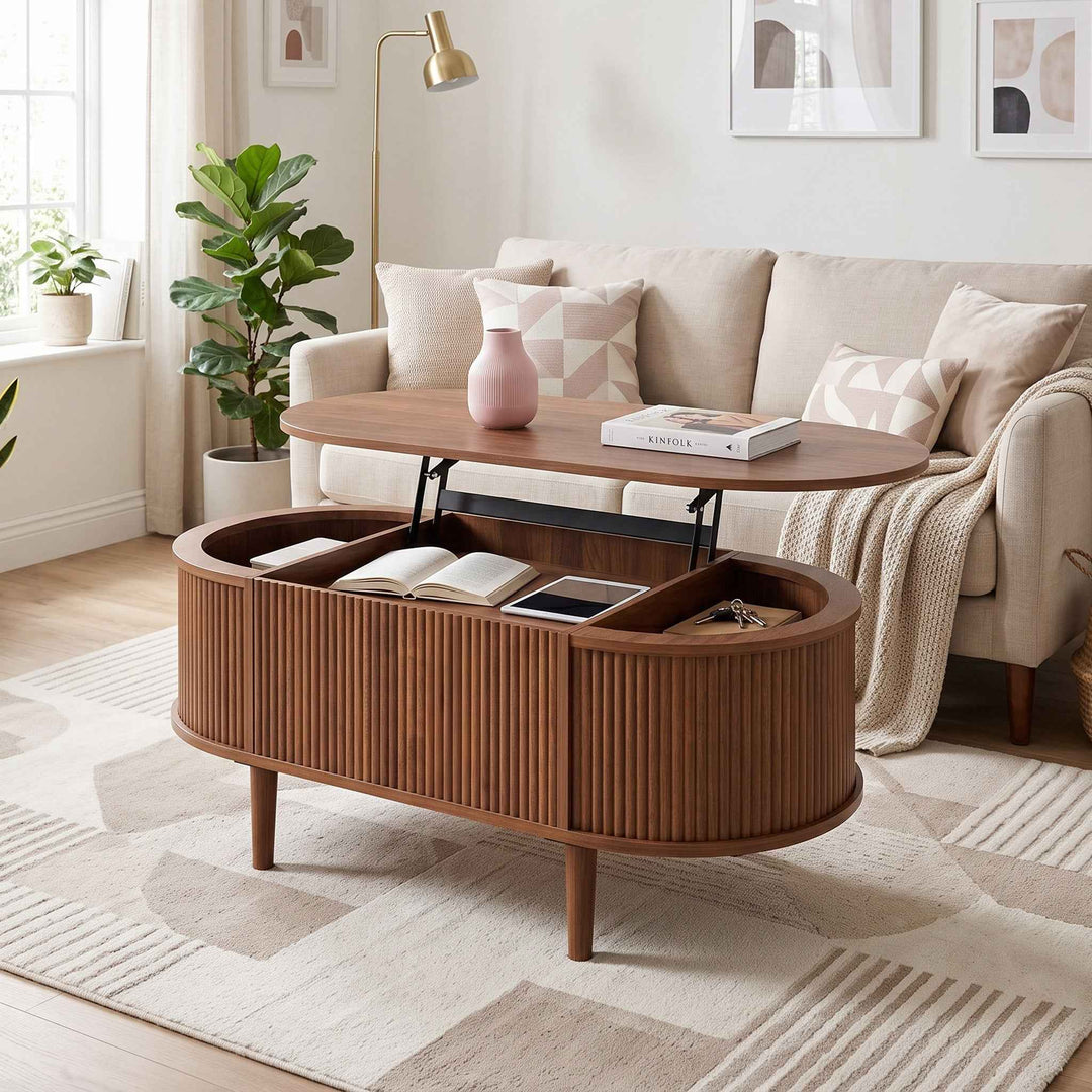 Walnut lift-up oval coffee table wave texture 100x48x40cm RACKCONCRETE