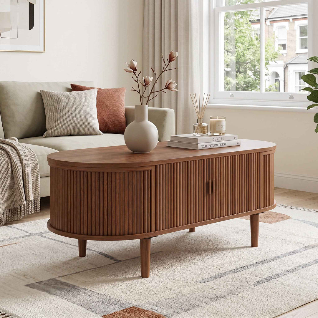 Walnut lift-up oval coffee table wave texture 100x48x40cm RACKCONCRETE