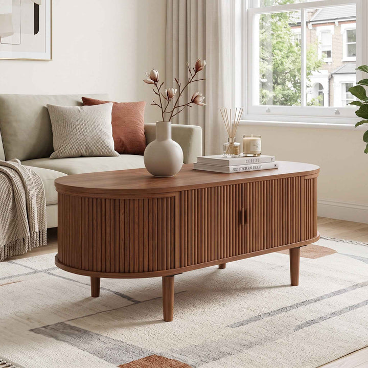 Walnut lift-up oval coffee table wave texture 100x48x40cm RACKCONCRETE