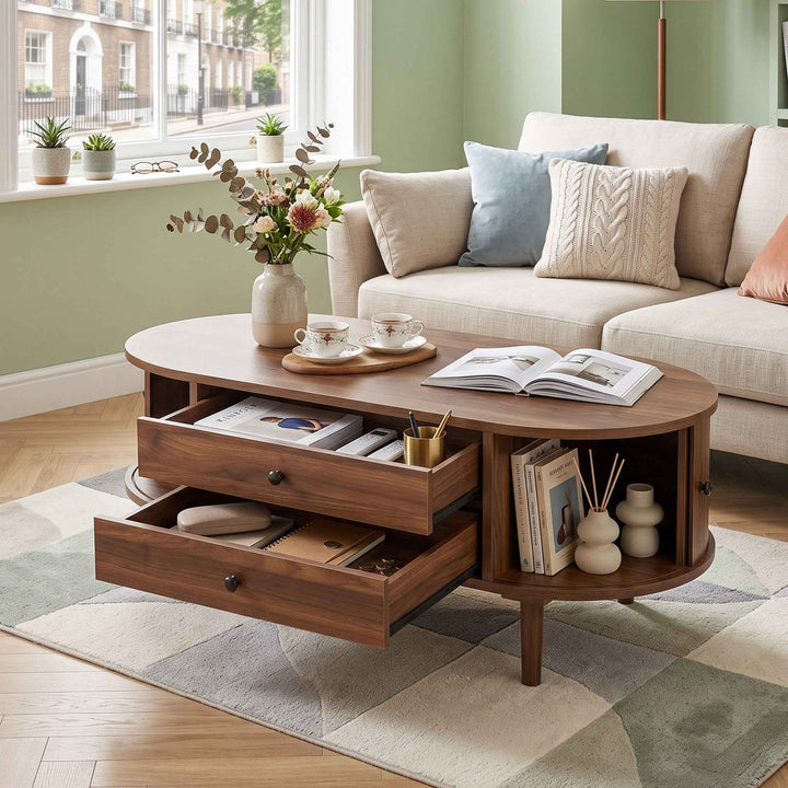 Vintage oval coffee table with 2 drawers, slatted doors 100cm RACKDARK