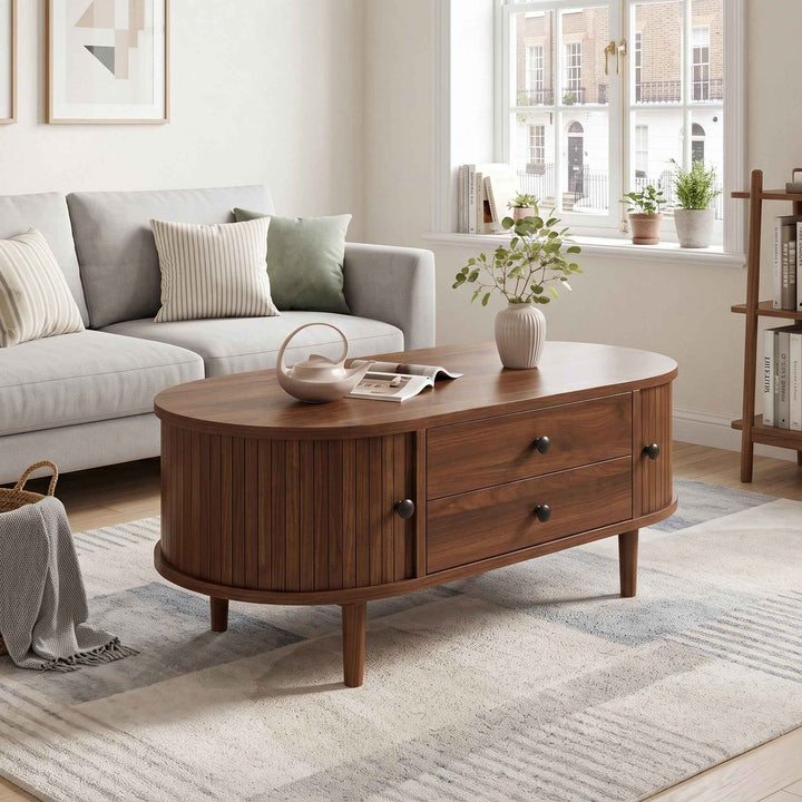 Vintage oval coffee table with 2 drawers, slatted doors 100cm RACKDARK