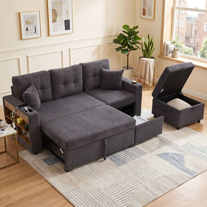 Corduroy convertible sofa with pull-out couch bed and storage, USB-C, LED lights, cup holders, dark grey 196cm RACKECO
