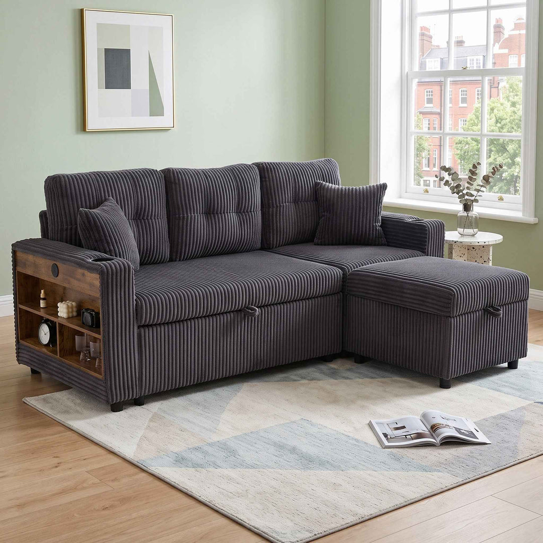 Corduroy convertible sofa with pull-out couch bed and storage, USB-C, LED lights, cup holders, dark grey 196cm RACKECO