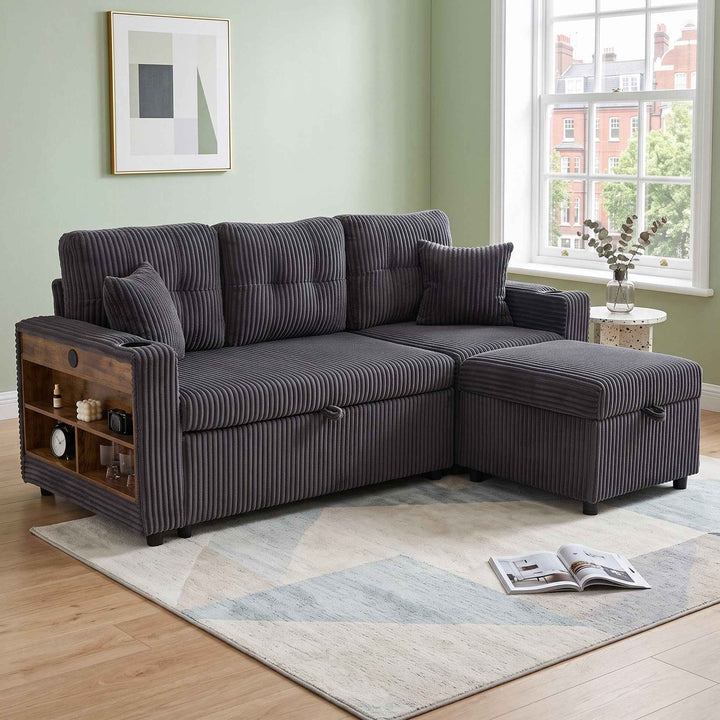 Corduroy convertible sofa with pull-out couch bed and storage, USB-C, LED lights, cup holders, dark grey 196cm RACKECO