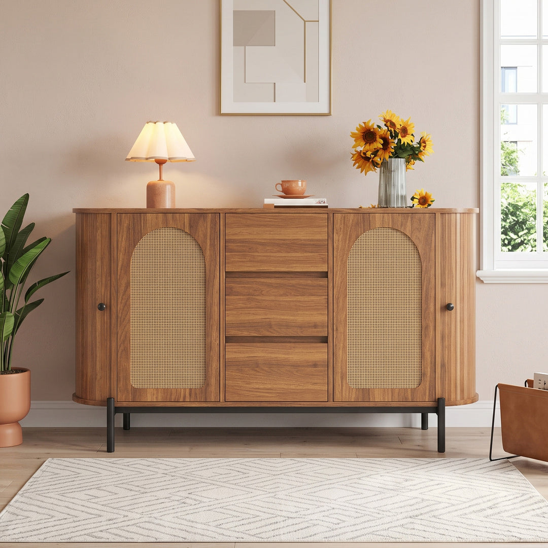 Walnut with rattan sideboard cabinet 140cm RACKEDGE
