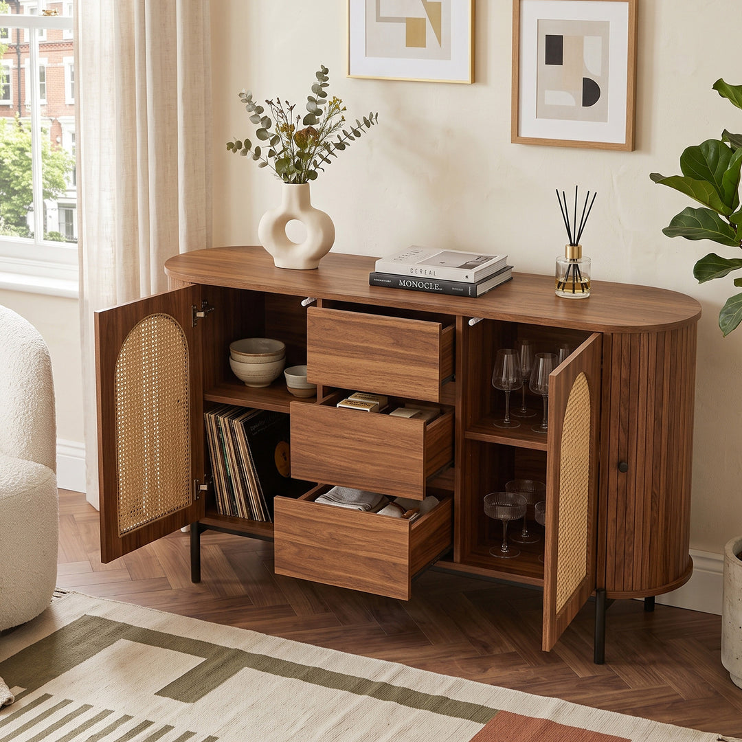 Walnut with rattan sideboard cabinet 140cm RACKEDGE
