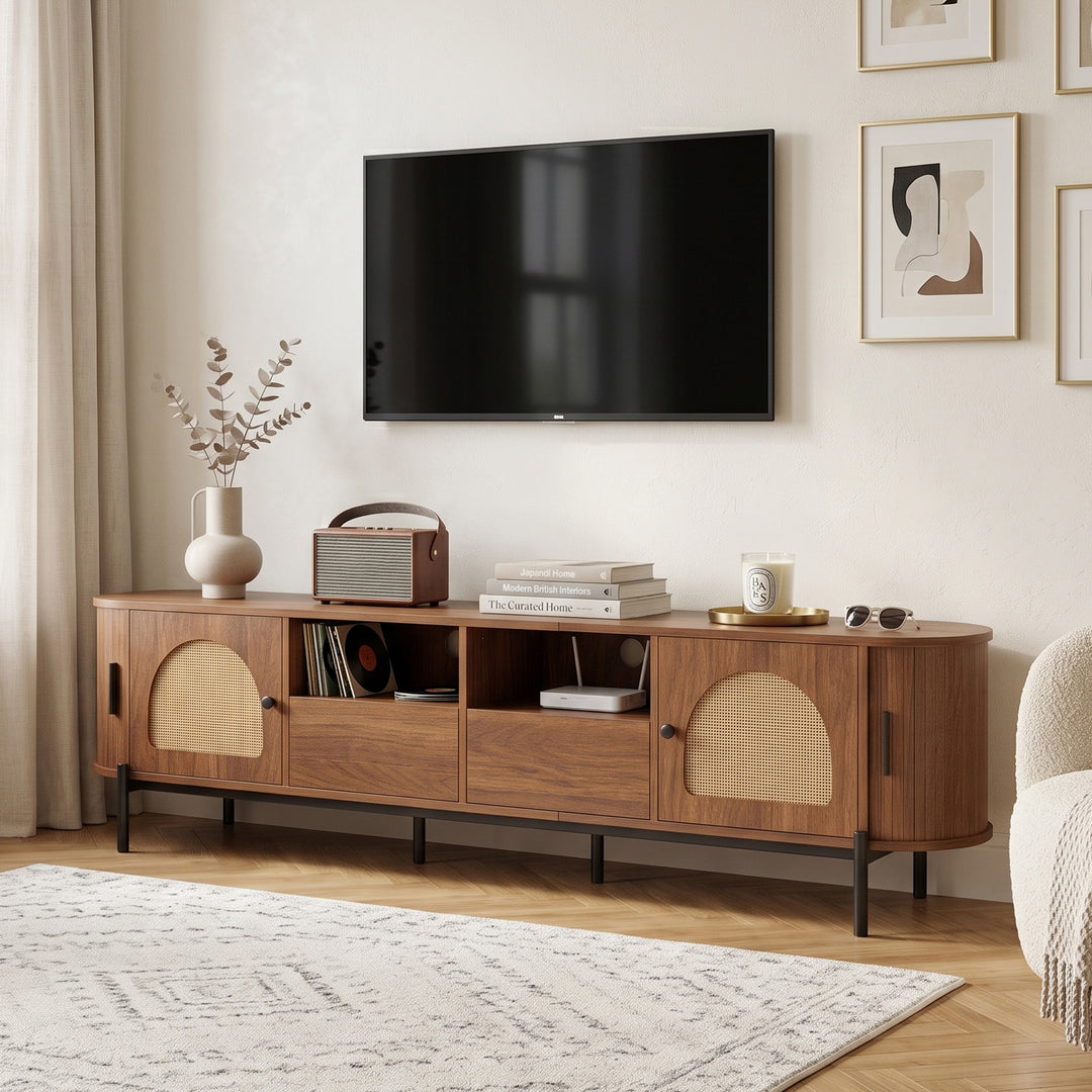 Vintage walnut TV cabinet with rattan doors drawers open storage RACKFLEX