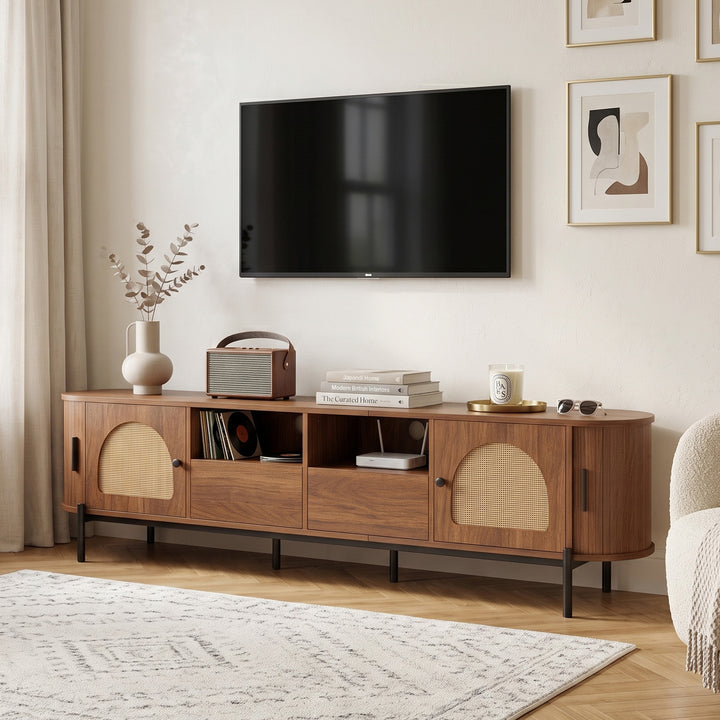 Vintage walnut TV cabinet with rattan doors drawers open storage RACKFLEX