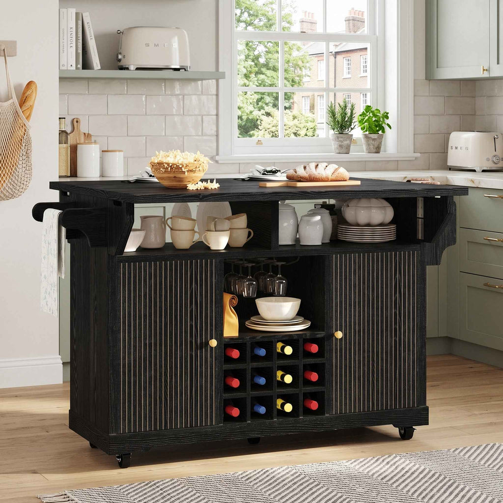 Black kitchen trolley with foldable dining table, wine rack and wheels RACKFLOW