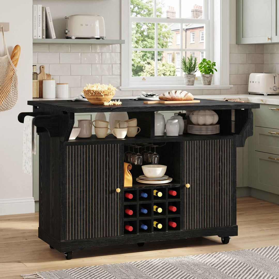 Black kitchen trolley with foldable dining table, wine rack and wheels RACKFLOW