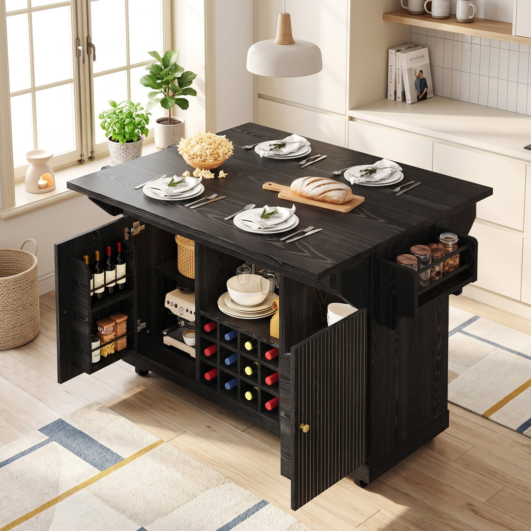 Black kitchen trolley with foldable dining table, wine rack and wheels RACKFLOW