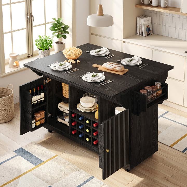 Black kitchen trolley with foldable dining table, wine rack and wheels RACKFLOW