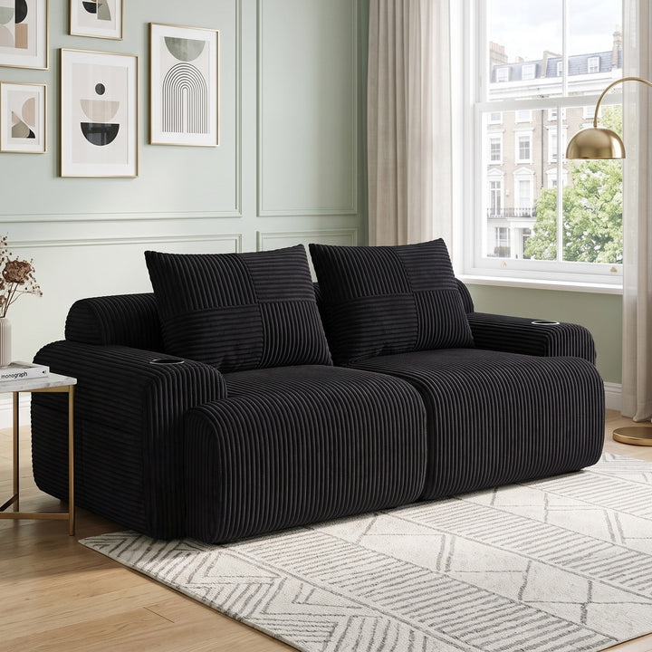 2-seater modular corduroy sofa, black with cup holders RACKGRAY