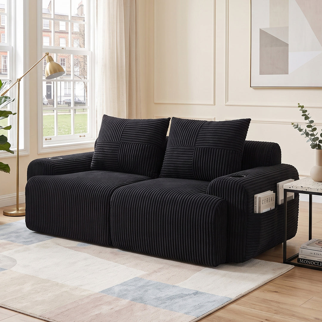 2-seater modular corduroy sofa, black with cup holders RACKGRAY