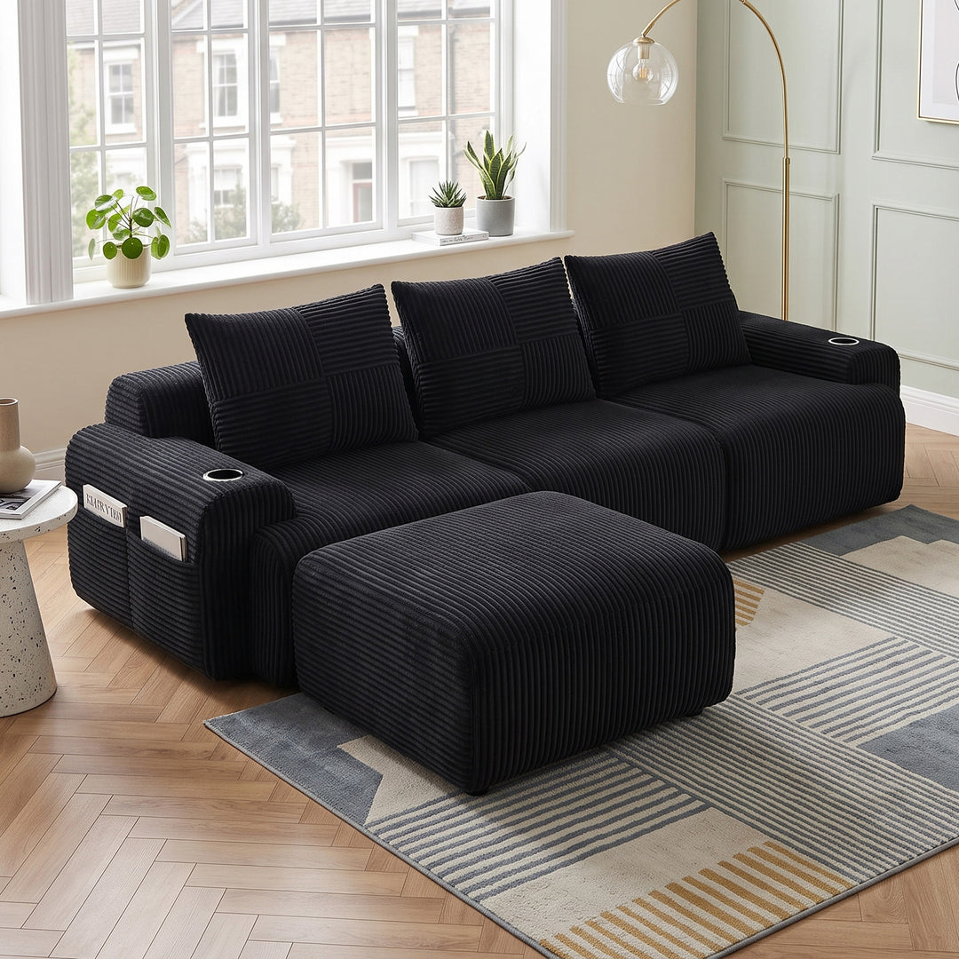 Modular 3-seater L-shape corduroy sofa with ottomans, black, storage pockets RACKGREEN