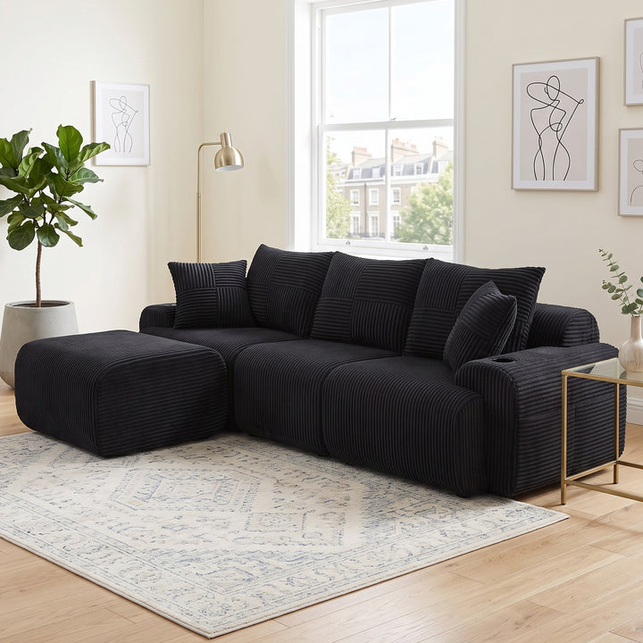 Modular 3-seater L-shape corduroy sofa with ottomans, black, storage pockets RACKGREEN