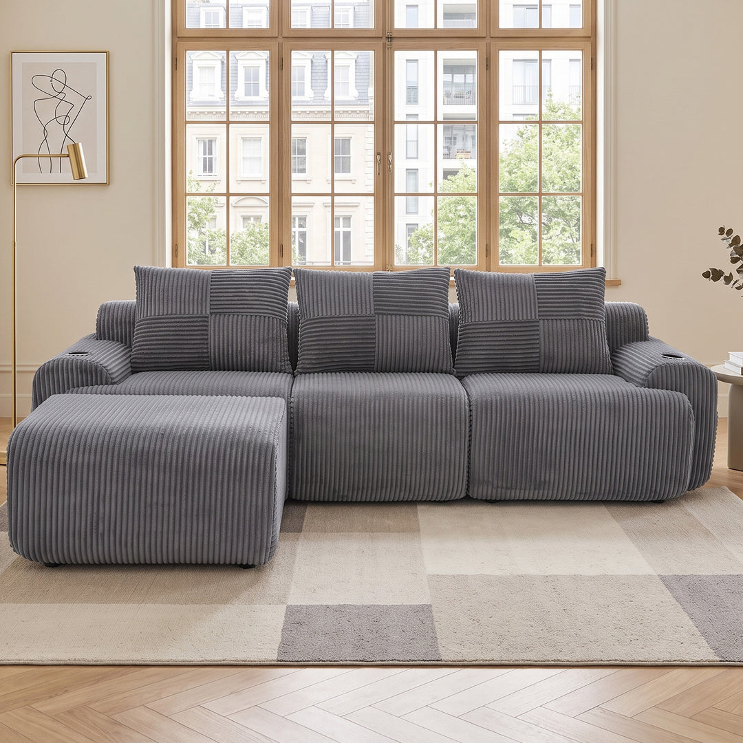 3-seater L-shaped modular corduroy sofa with ottomans, dark grey lounge RACKMARBLE
