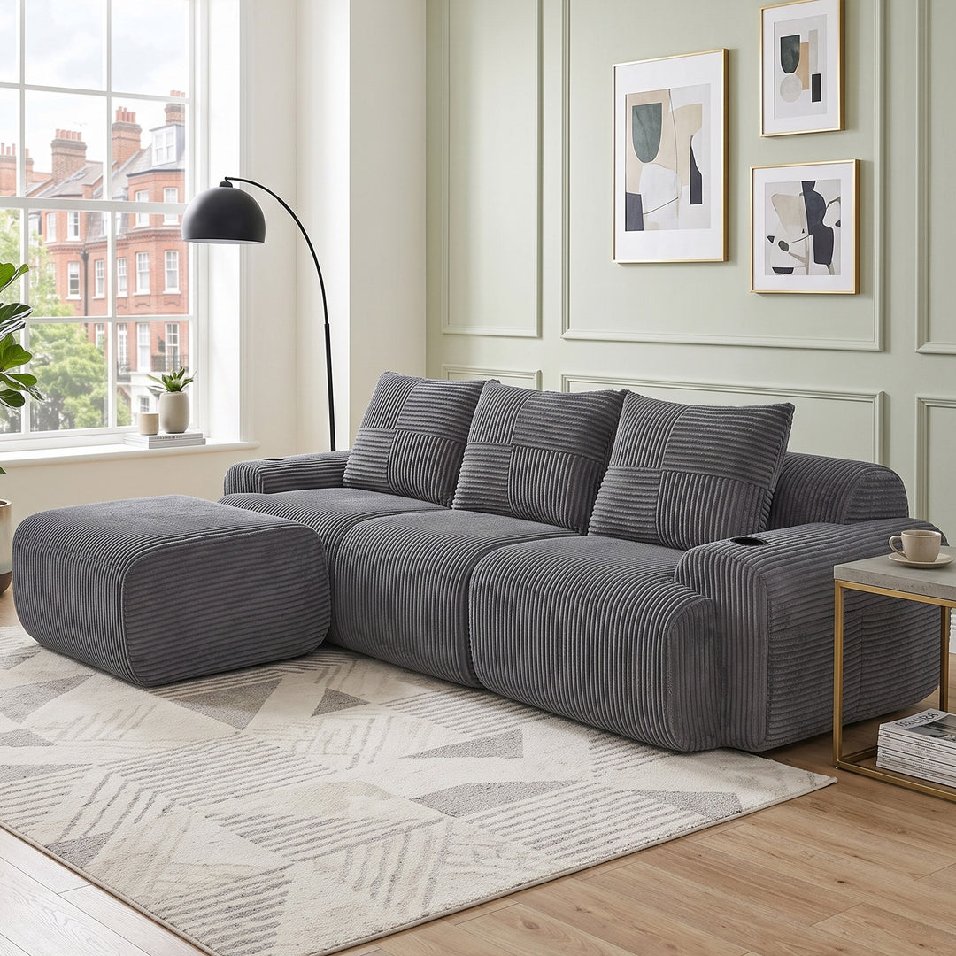 3-seater L-shaped modular corduroy sofa with ottomans, dark grey lounge RACKMARBLE