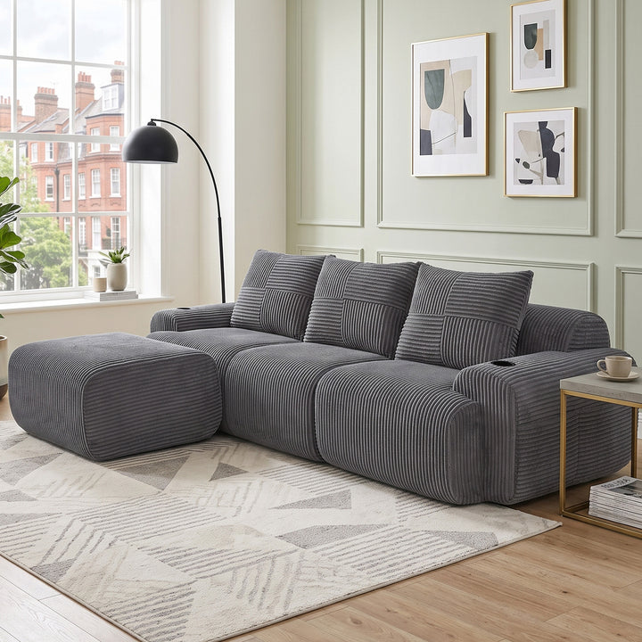 3-seater L-shaped modular corduroy sofa with ottomans, dark grey lounge RACKMARBLE