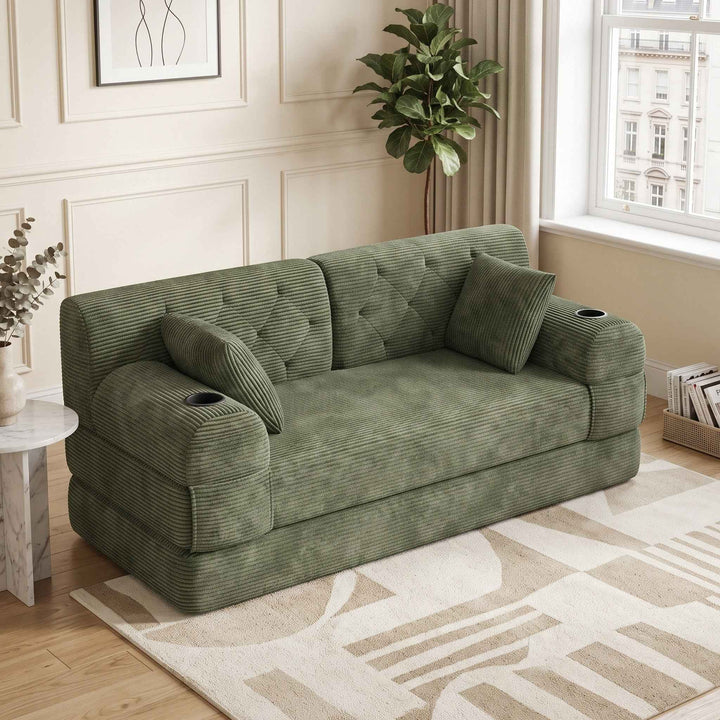 2-seater modular convertible bed sofa, corduroy green 168cm RACKPLUS