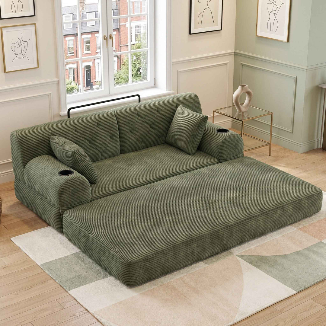 2-seater modular convertible bed sofa, corduroy green 168cm RACKPLUS