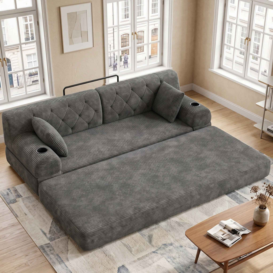 3-seater modular convertible sofa bed, corduroy dark grey with metal frame 208cm RACKPOINT
