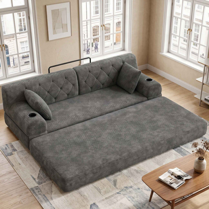 3-seater modular convertible sofa bed, corduroy dark grey with metal frame 208cm RACKPOINT