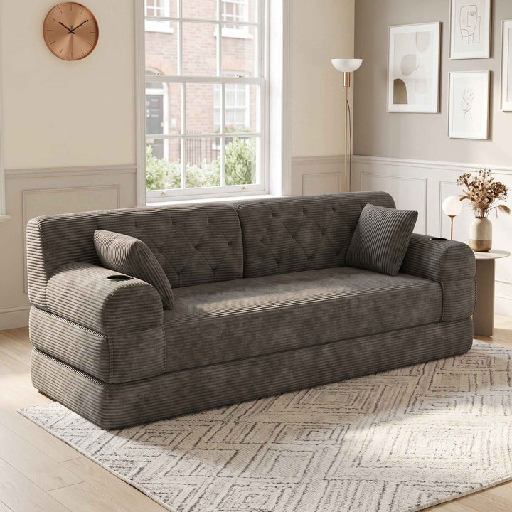 3-seater modular convertible sofa bed, corduroy dark grey with metal frame 208cm RACKPOINT
