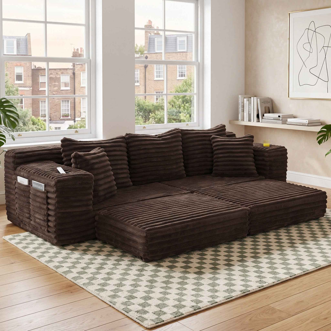 3-seater modular sofa bed, corduroy brown, and side pockets 273cm RACKRATTAN