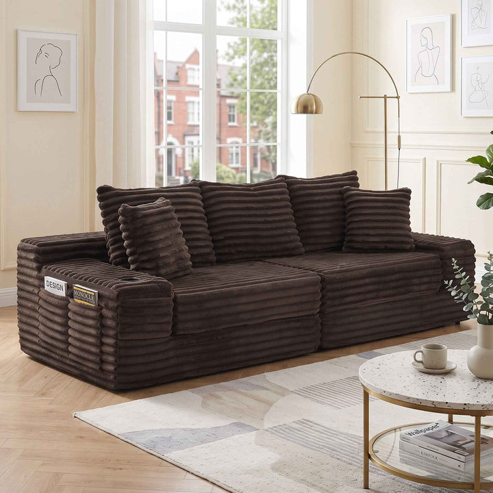 3-seater modular sofa bed, corduroy brown, and side pockets 273cm RACKRATTAN
