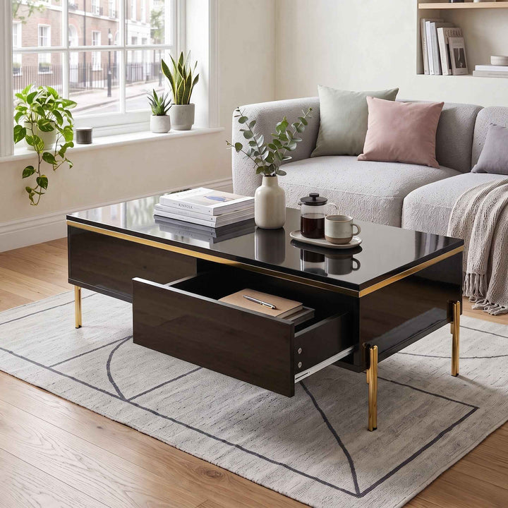 Black high-gloss coffee table with golden stripe with drawers 100x50x36cm RACKSPACE
