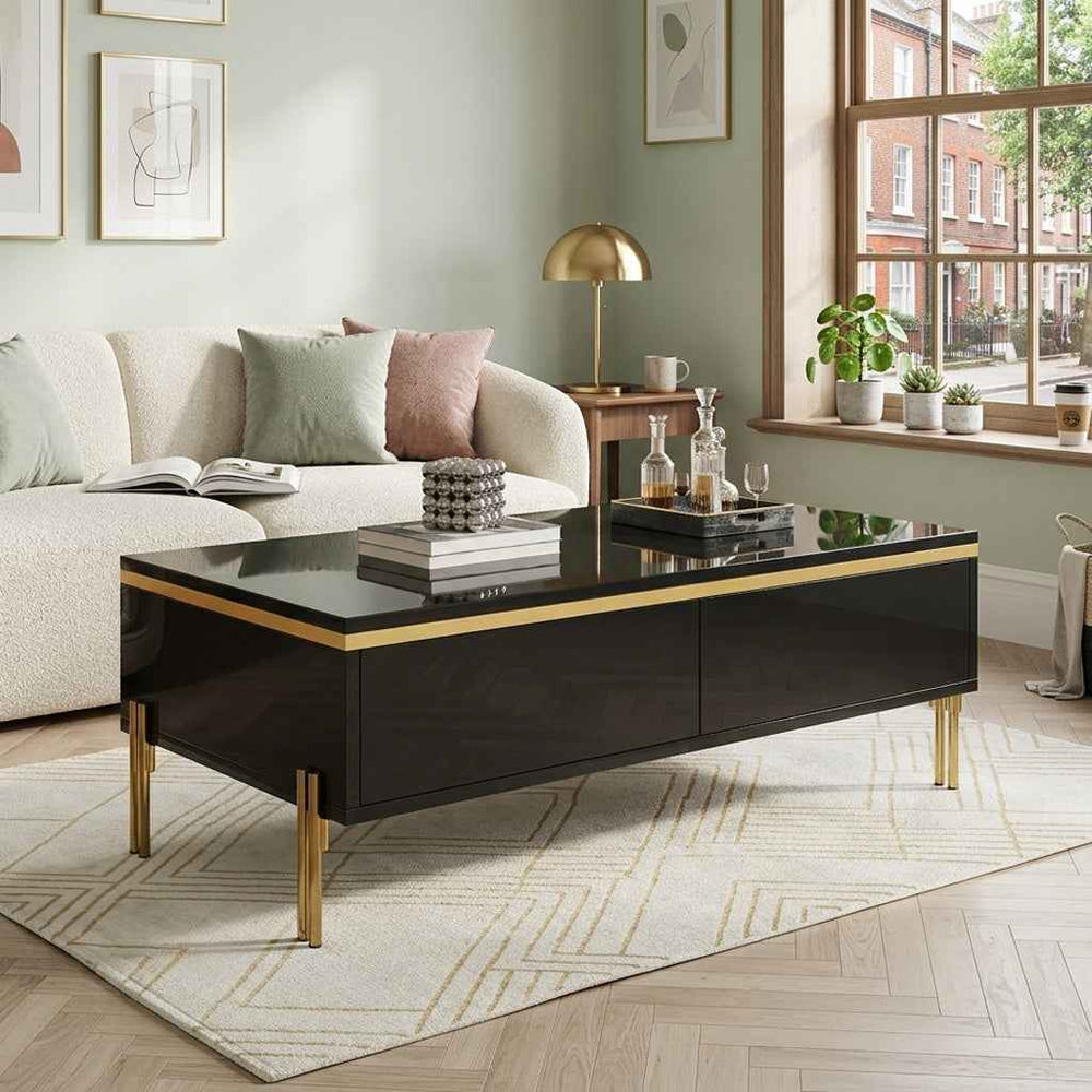 Black high-gloss coffee table with golden stripe with drawers 100x50x36cm RACKSPACE