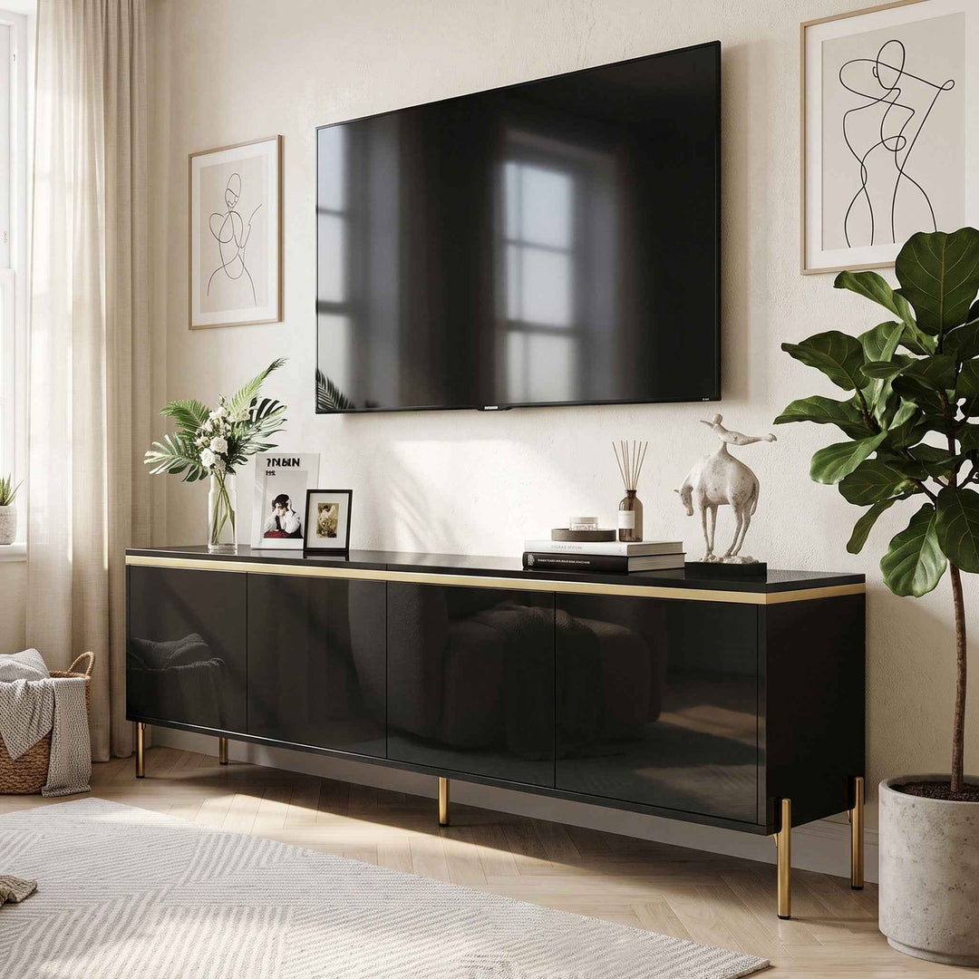 Black high-gloss TV stand with golden trim with 4 doors storage 170x38x50cm RACKSTONE