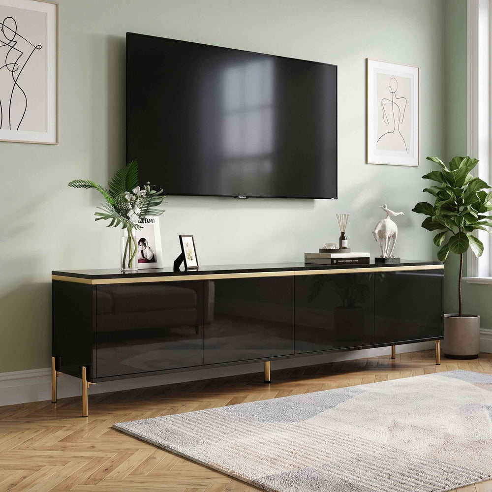 Black high-gloss TV stand with golden trim with 4 doors storage 170x38x50cm RACKSTONE