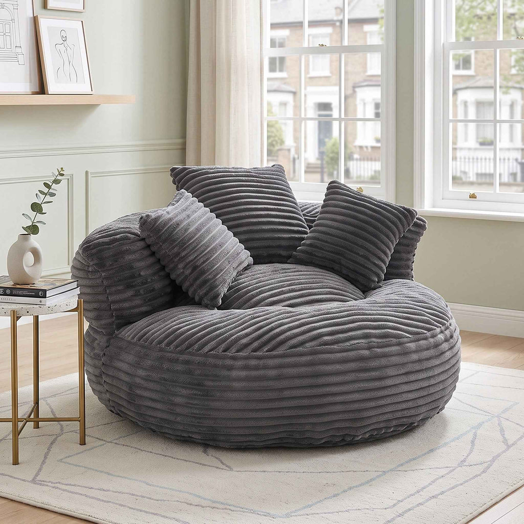 Large bean bag chair with 3 pillows, corduroy armchair, dark grey RACKWORK