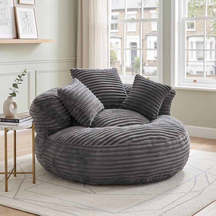 Large bean bag chair with 3 pillows, corduroy armchair, dark grey RACKWORK