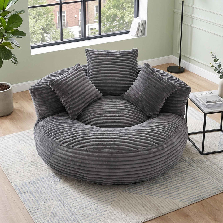 Large bean bag chair with 3 pillows, corduroy armchair, dark grey RACKWORK