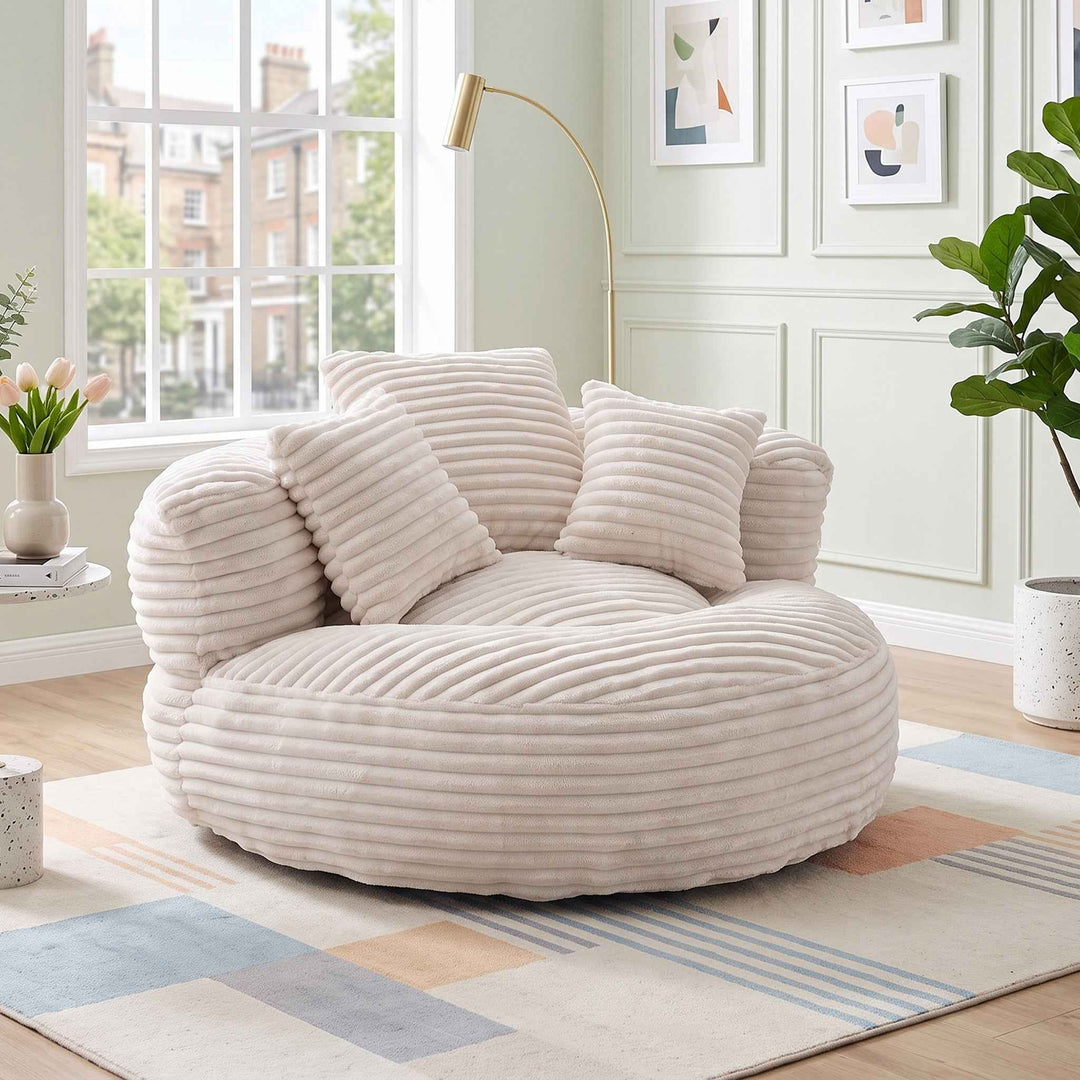 Large bean bag chair with 3 pillows, corduroy armchair, beige RACKZONE