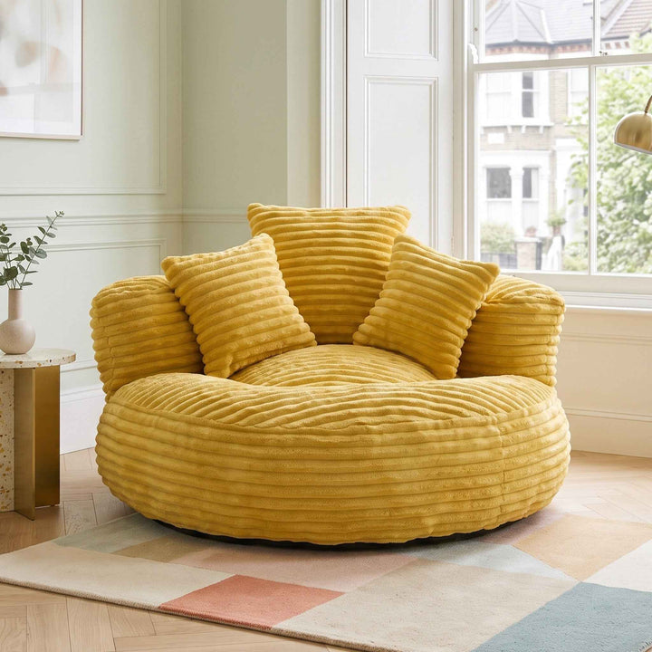 Large bean bag chair with 3 pillows, corduroy armchair, yellow RATTANARMOIRE