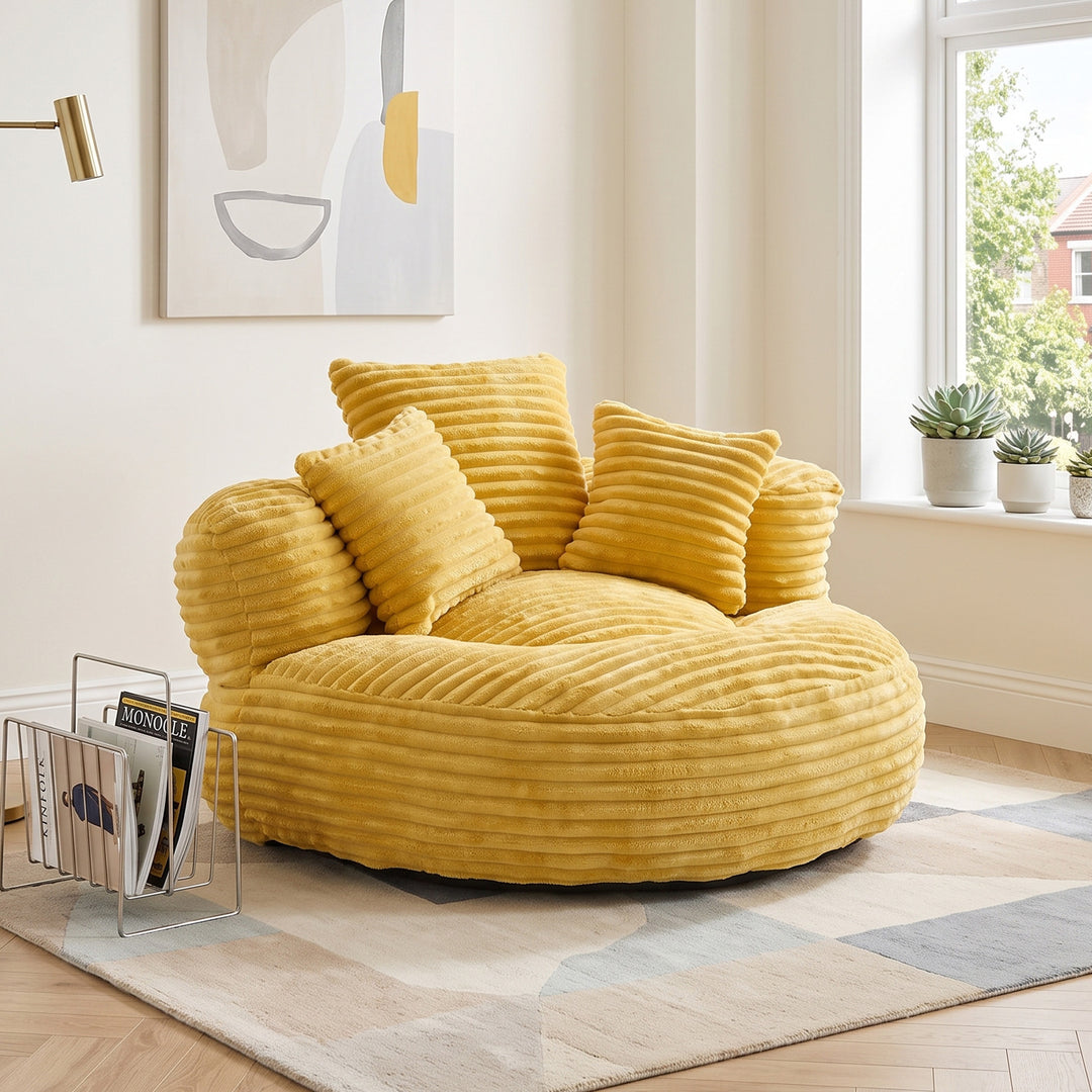 Large bean bag chair with 3 pillows, corduroy armchair, yellow RATTANARMOIRE