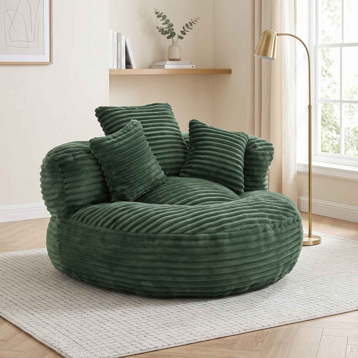Large bean bag chair with 3 pillows, corduroy armchair, green RATTANBASKET