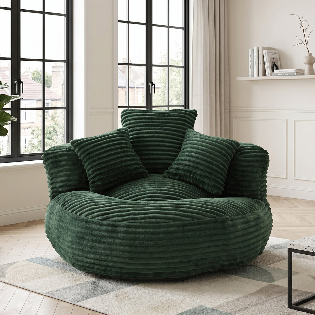 Large bean bag chair with 3 pillows, corduroy armchair, green RATTANBASKET