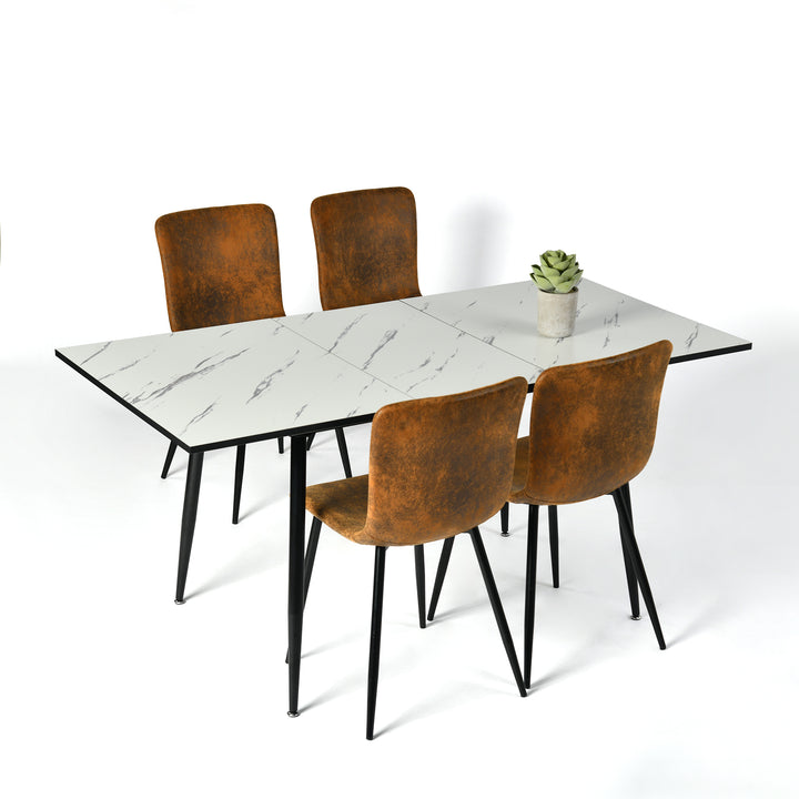 Dining set extendable table scandinavian style rectangular white table with of 4 scandinavian chairs suede WHALEN WHITE MARBLE STRETCH TABLE BG + SCARGILL SUEDE BLACK LEG 4PCS QY