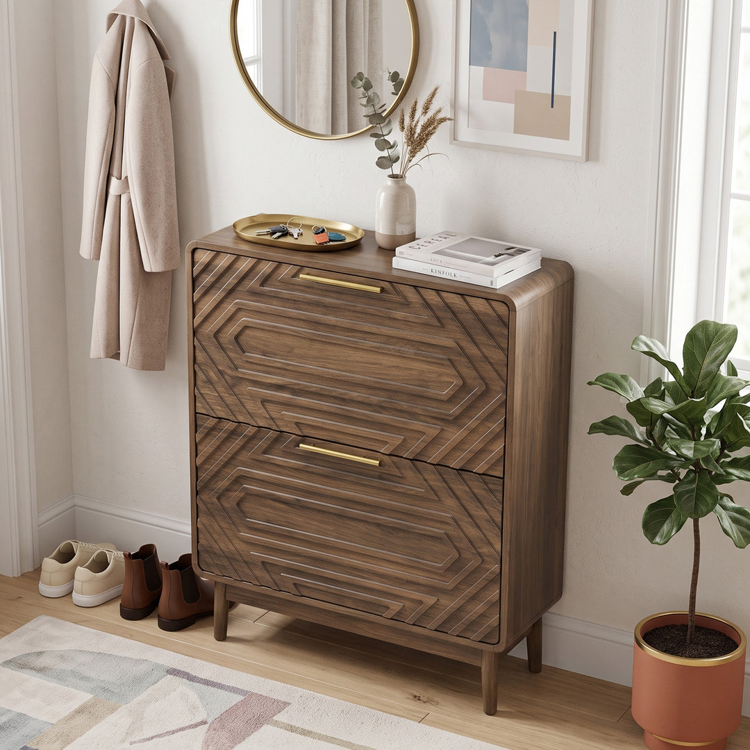 Walnut Effect 2-Door Shoe Cabinet with Geometric Pattern 80cm SILKPILLOW