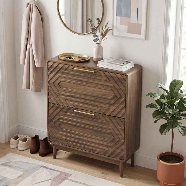 Walnut Effect 2-Door Shoe Cabinet with Geometric Pattern 80cm SILKPILLOW