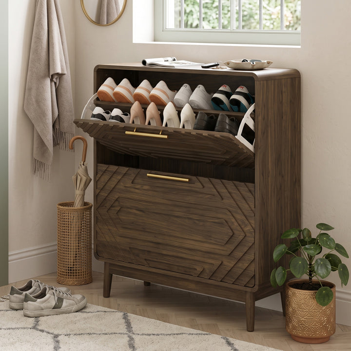 Walnut Effect 2-Door Shoe Cabinet with Geometric Pattern 80cm SILKPILLOW