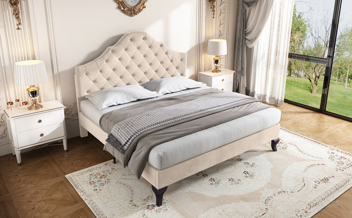 Upholstered velvet beige botton tufted double bed headboard height ajustable (135*190)SASTUK DOUBLE UK