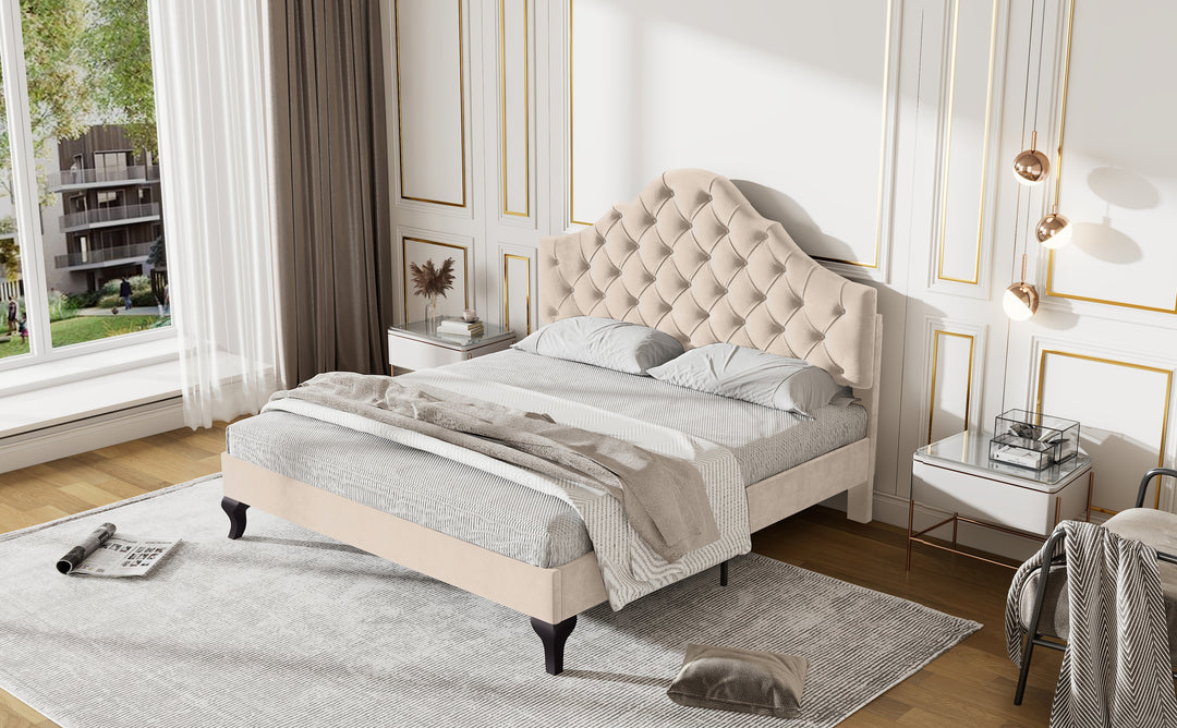 Upholstered velvet beige botton tufted double bed headboard height ajustable (135*190)SASTUK DOUBLE UK