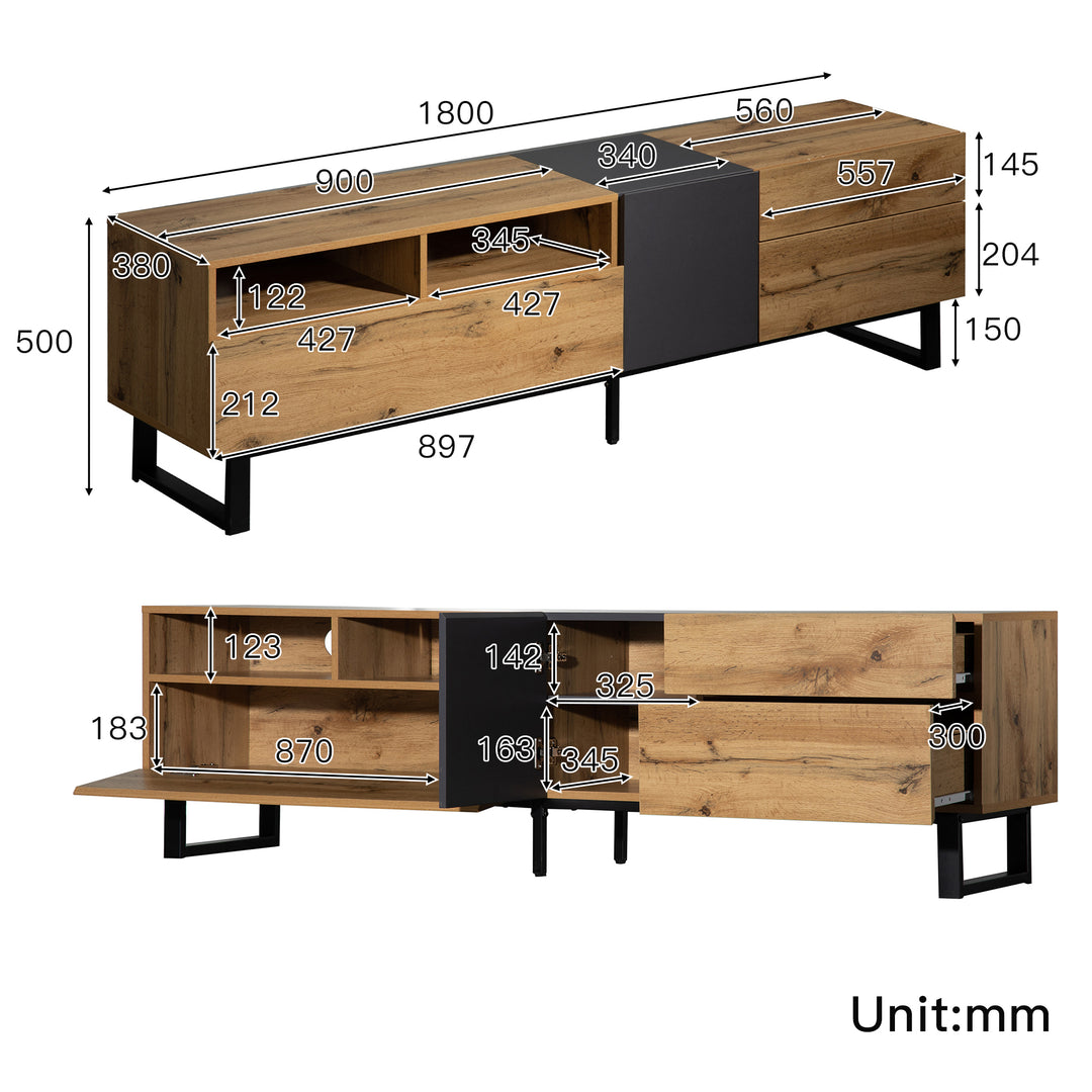 Modern wood anthracite industrial TV cabinet with 2 doors and 2 drawers SCILQUKS UK