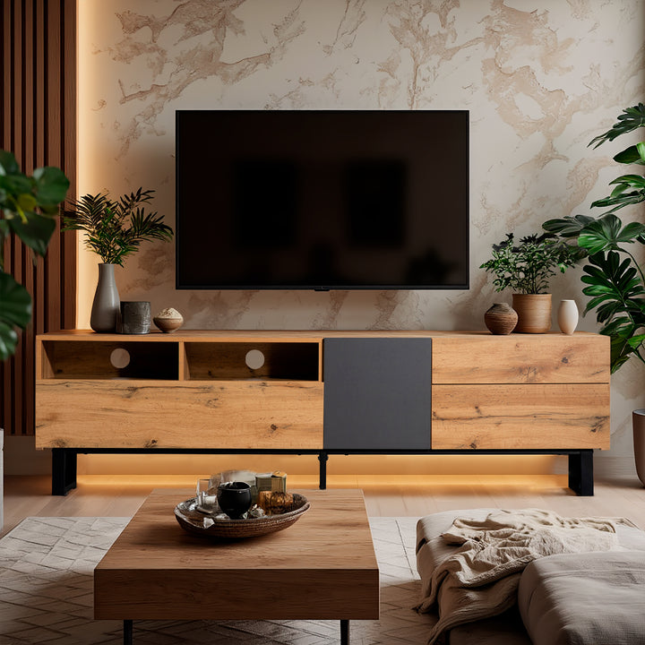 Modern wood anthracite industrial TV cabinet with 2 doors and 2 drawers SCILQUKS UK